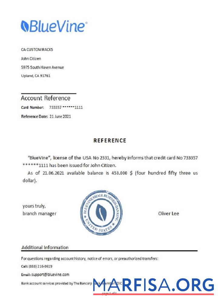 Printable USA Bluevine reference download for verification